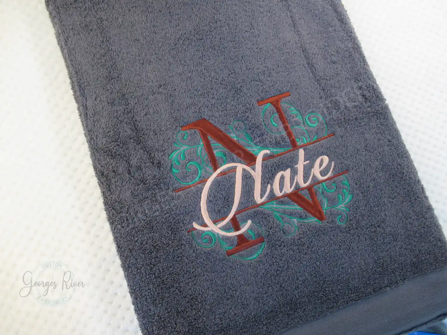 Personalised Monogrammed Bath Towel - Single or Set- Initials and Name Swirls - Image 8