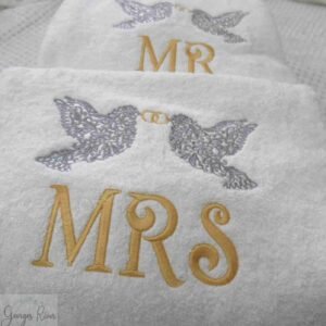 Personalised Monogrammed Wedding Anniversary Gift Towel Set Mr & Mrs Doves Design
