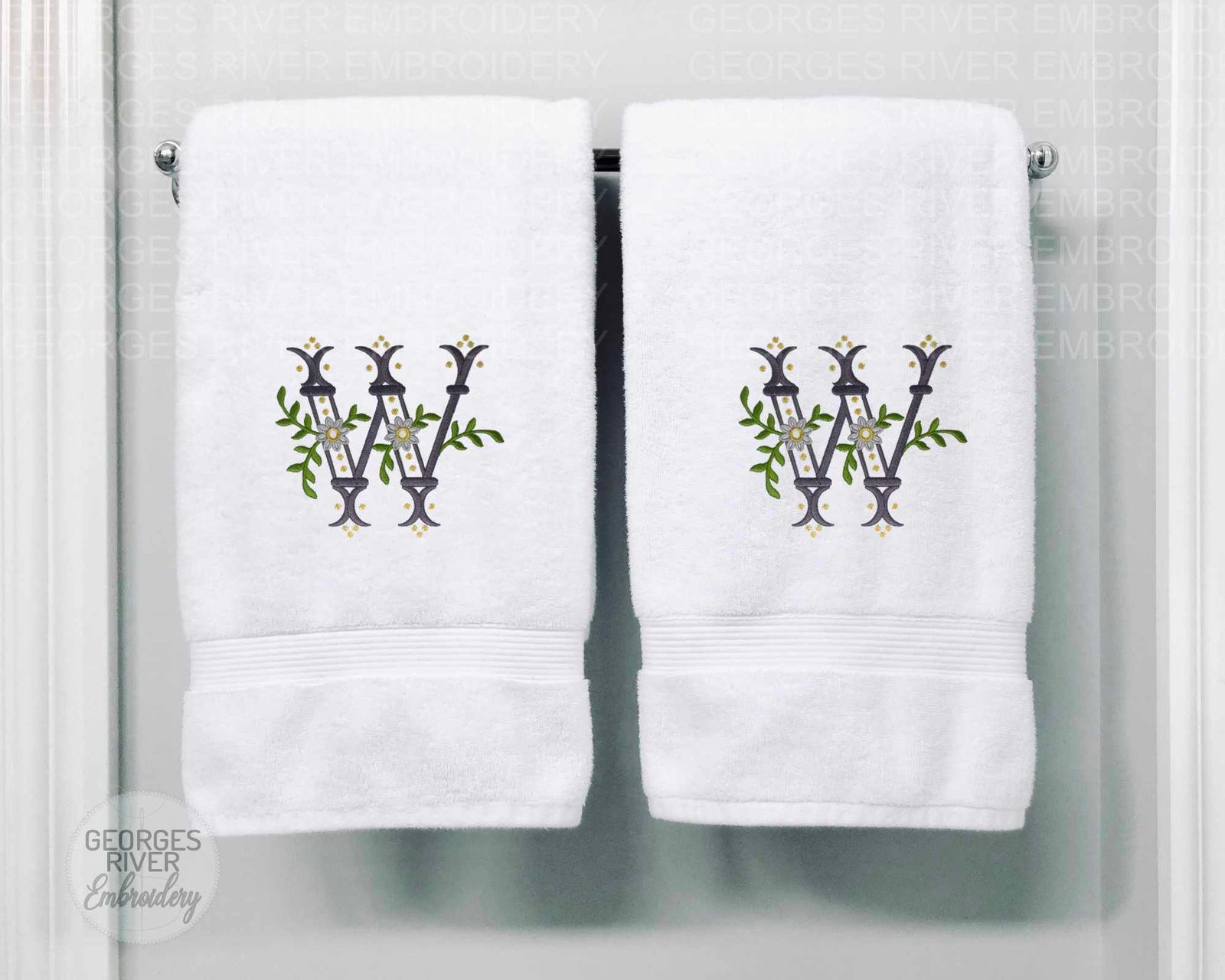Personalised Monogrammed Bath Towel - Single or Set- Flower Gem Design