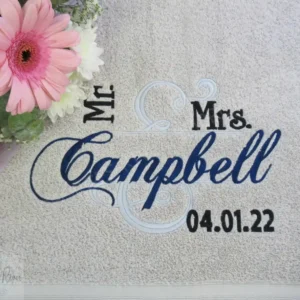 Personalised Embroidered Bath Towel Set Mr Mrs Wedding Ring Design