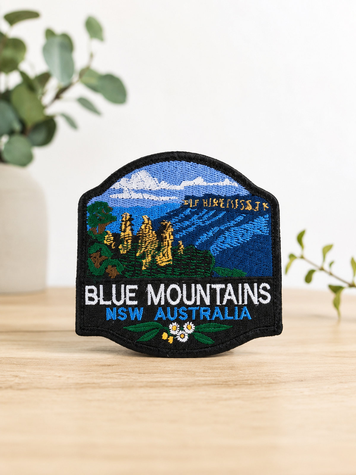 Embroidered patch of the Three Sisters rock formation, Blue Mountains NSW Australia